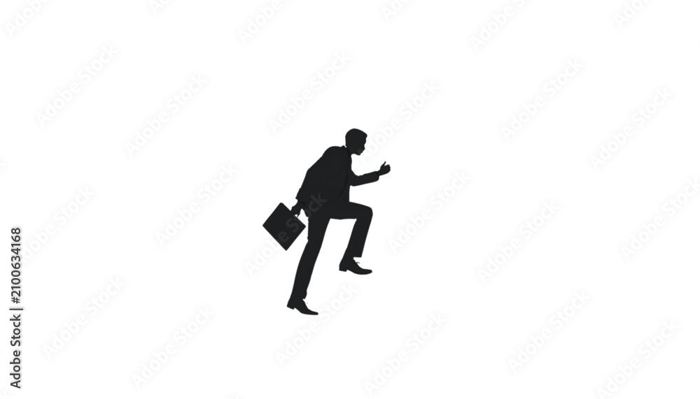 Fototapeta premium Businessman silhouette stepping up onto an invisible platform, symbolizing career advancement and professional growth in a corporate setting while offering a minimalist design with ample copy space.