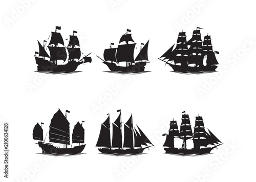 Silhouette of various sailing ships on calm water  historic vessels