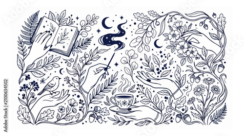 Bild auf Leinwand Enchanting magic and nature vector illustration, mystical hands holding spell bo