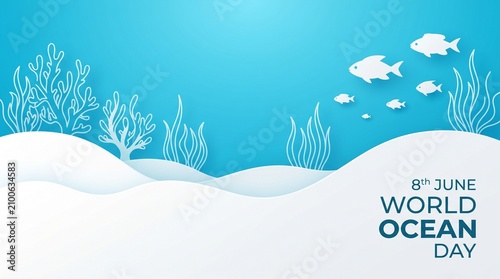 World ocean day illustration with fish and seaweed