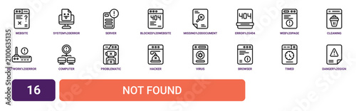 Canvas Print Set of 16 outline web Not Found icons such as danger sign, timed, browser, virus