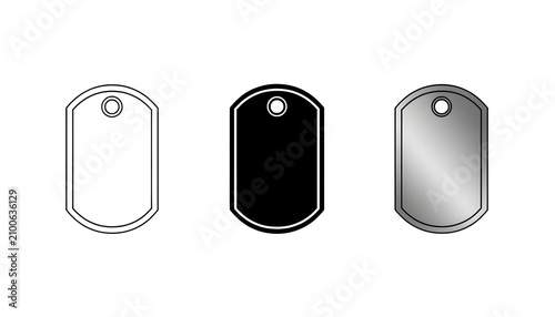 Collection of three dog tag icons including outline solid black and metallic styles on a white background for military or identification concepts
