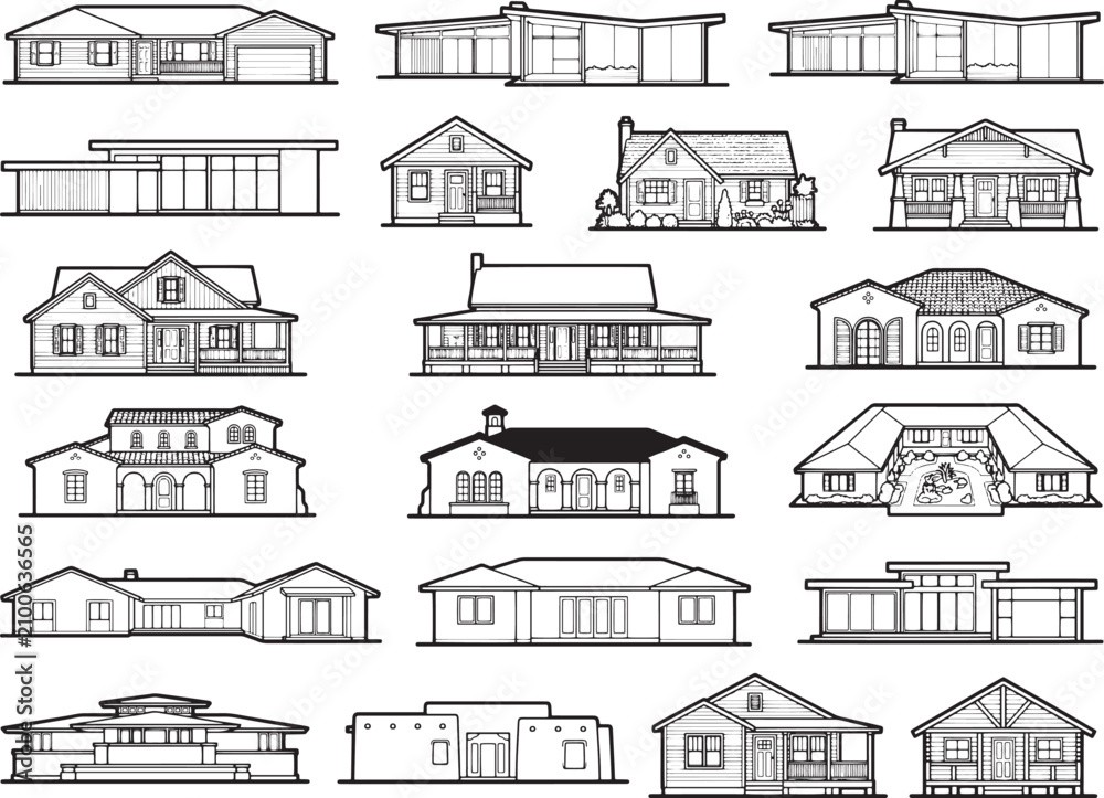Obraz premium A collection of diverse residential house architectural blueprints showcasing various styles and designs, from modern to traditional.