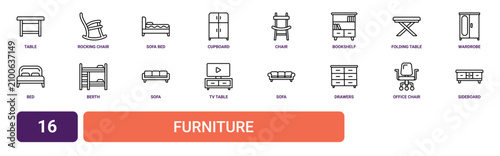 Obraz na płótnie Set of 16 outline web Furniture icons such as sideboard, office chair, drawers,