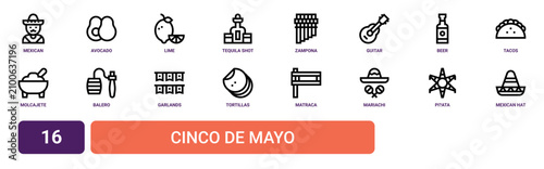 Schilderij op canvas Set of 16 outline web Cinco De Mayo icons such as mexican hat, pi?ata, mariachi,