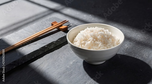 Bowl of white rice with chopsticks on a dark surface with sunlight and shadows.