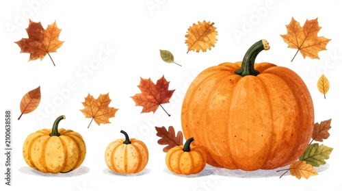 Watercolor Autumn Harvest Illustration with Orange Pumpkins and Falling Colorful Leaves