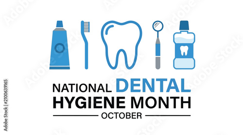 National dental hygiene month banner with toothbrush toothpaste and dental tools in flat style