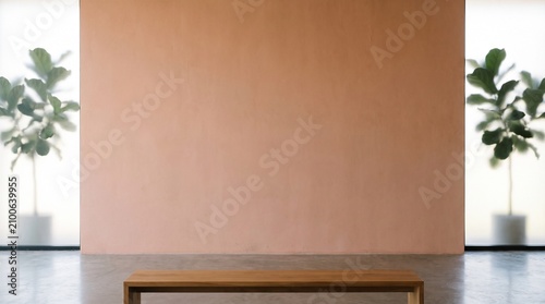 Minimalist room with a wooden bench against a peach concrete wall