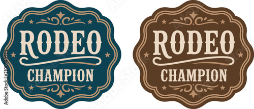 Quadro su tela Rodeo champion vintage western emblem, ornate cowboy label with belt buckle, bul