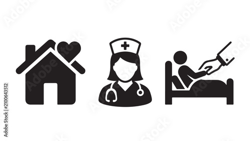 Black icons of nurse, patient in bed and house with heart symbol for healthcare concepts