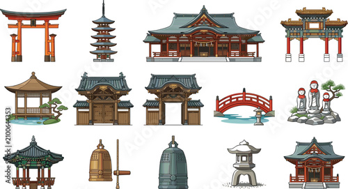 Tableau sur toile Traditional Japanese Shinto Shrine and Buddhist Temple Vector Icon Set Featuring