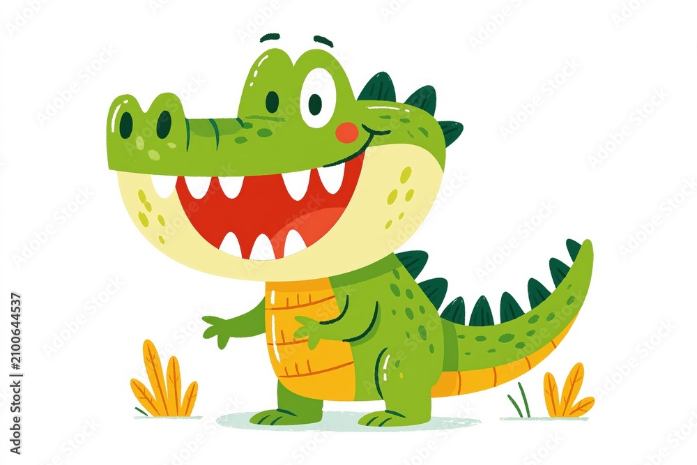 Fototapeta premium Cute Green Cartoon Alligator Character Smiling Wide with Big Teeth, Standing in a Field