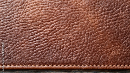 Close-up detailed texture of rich brown genuine leather with visible grain and stitching, elegant material background