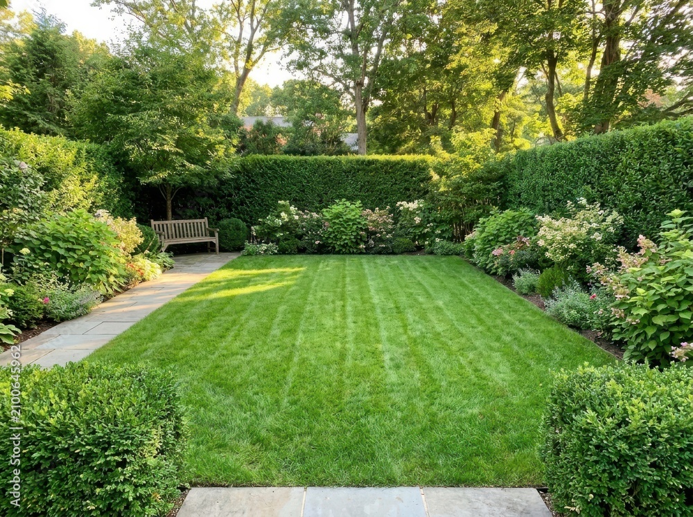 Fototapeta premium Lush manicured lawn in a formal garden with lush green hedges and blooming hydrangeas during golden hour sunlight