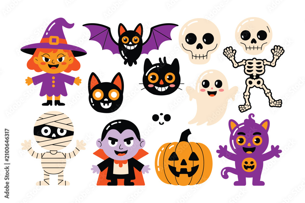 Obraz premium Cute halloween character collection featuring witch skeleton mummy ghost bat cat and pumpkin for festive holiday decorations and party