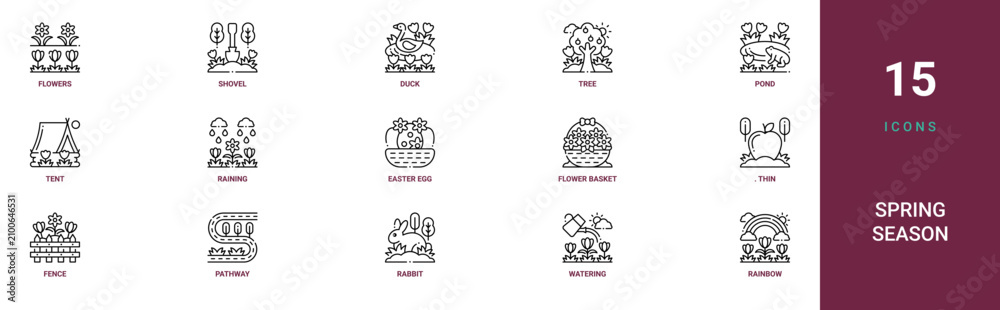 Fototapeta premium Set of 15 outline web Spring Season icons such as rainbow, watering, rabbit, pathway, fence,. Thin isolated on white background, flower basket vector icons for report, presentation, diagram, web