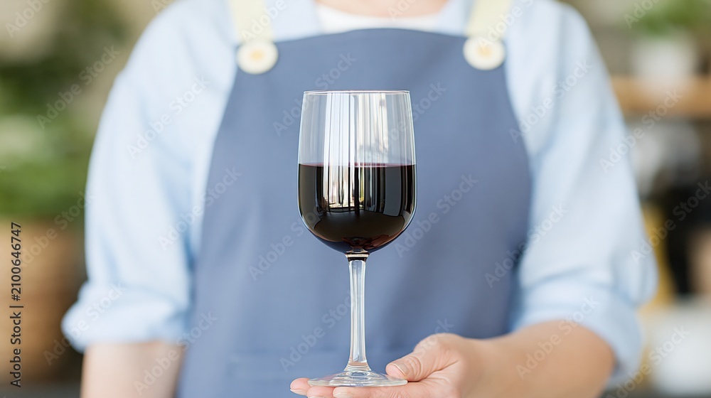 Obraz premium Close-up of Person in Apron Holding a Glass of Rich Red Wine, Perfect for Culinary and Hospitality Themes