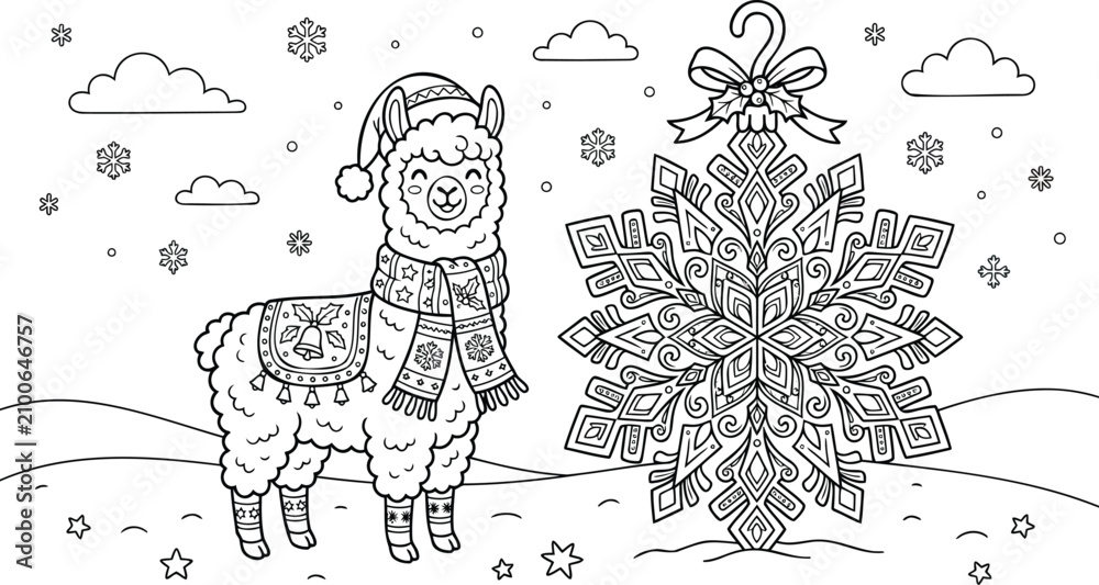 Obraz premium Cute cartoon llama standing beside intricate snowflake pattern alpaca black and white line intricate pattern