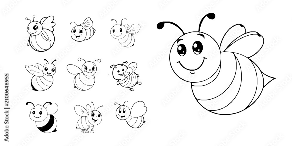 Fototapeta premium A Happy Cartoon Bee Simple Coloring Book Line Art Thick Outlines Pack