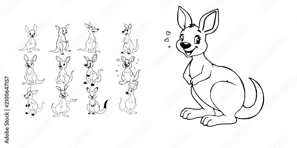 Fototapeta premium Happy Cartoon Kangaroo Simple Kids Coloring Book Line Art