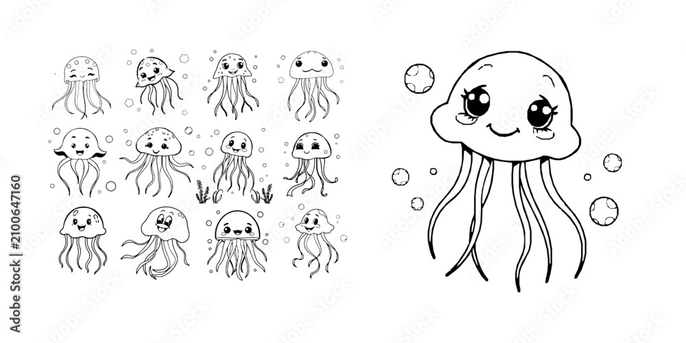Fototapeta premium Happy Cartoon Jellyfish Floating Simple Kids Coloring Book Line Art