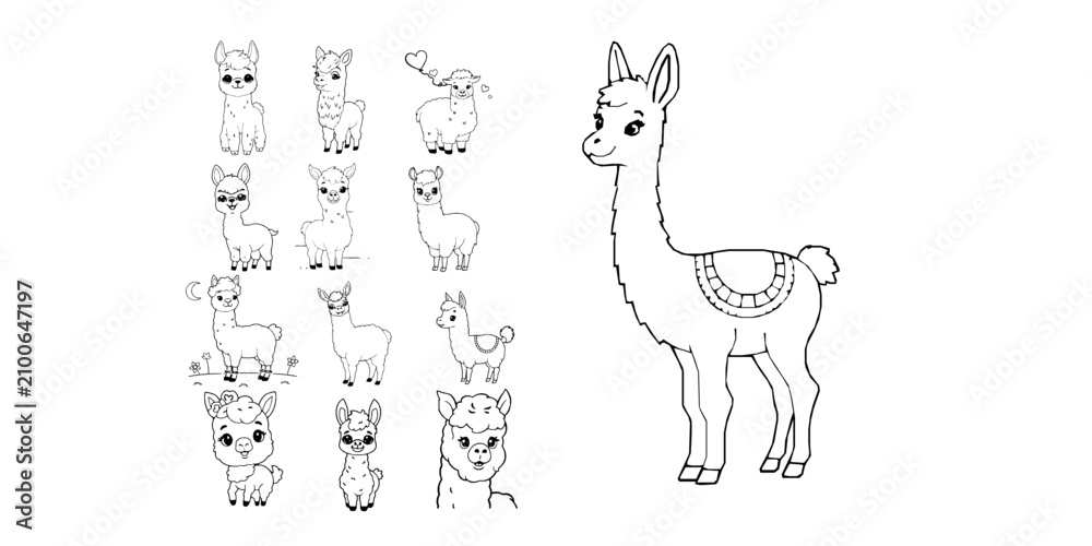 Fototapeta premium Happy Cartoon Baby Llama Simple Kids Coloring Book Line Art