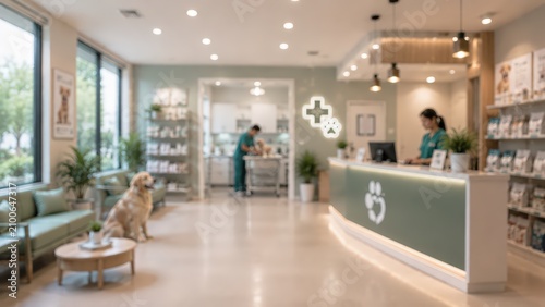 Veterinary clinic reception interior blurred background pet hospital animal care lobby dog waiting area medical service veterinary office