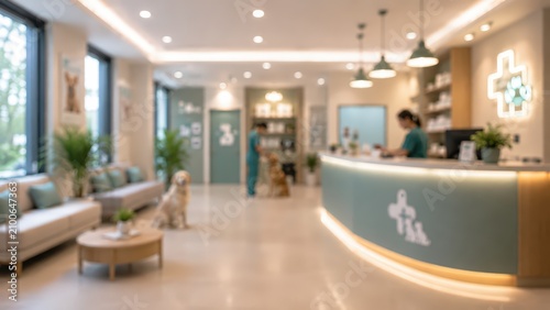 Blurred veterinary clinic reception desk pet hospital waiting area animal healthcare medical facility professional staff interior