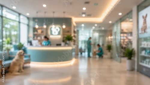 Veterinary clinic reception desk blurred interior pet hospital animal medical center waiting room veterinary care office healthcare services