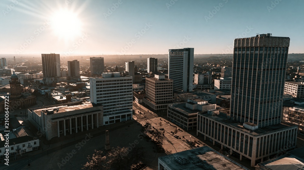 Obraz premium Sunlit Urban Skyline with Tall Buildings and Cityscape at Dawn, Capturing the City's Energy
