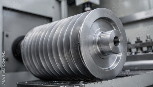 Medium shot of a multigroove sheave spinning steadily on machining equipment highlighting complex groove profiles for enhanced belt grip and durability.