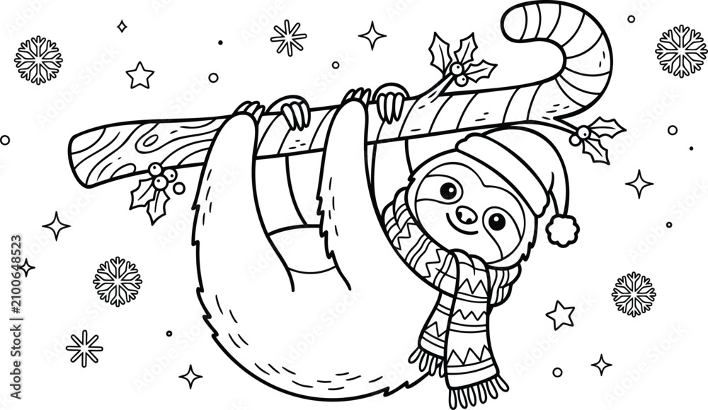 Fototapeta premium Cute sloth wrapped in a knitted scarf hanging from a branch, surrounded by floral patterns