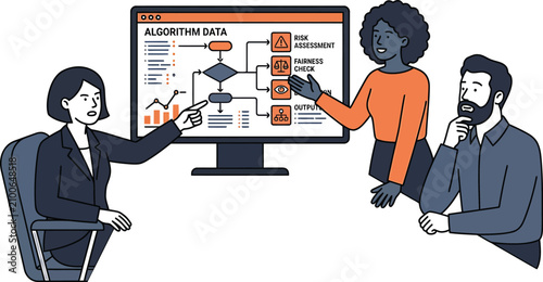 Business people discussing algorithm data on computer screen in meeting