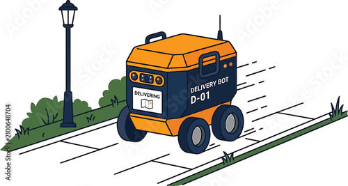 Delivery robot driving on sidewalk next to street lamp and green bushes