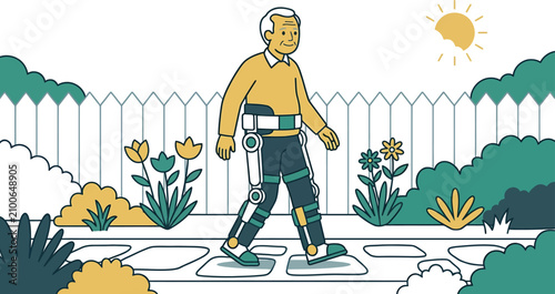 Elderly man using exoskeleton robotic device to walk on sidewalk in garden