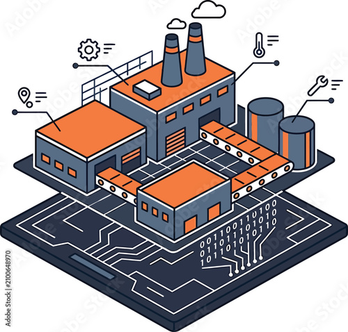 Industrial factory with smokestacks and conveyor belts on circuit board  modern technology meets manufacturing
