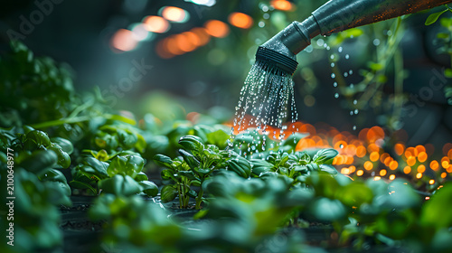  High-Detail 3D Render of Robotic Gardener Watering Digital Flora, Futuristic Greenhouse Environment, Nature and Technology Harmony