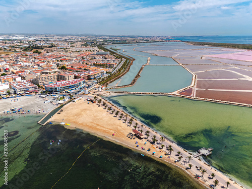Aerial view of  salt flats and lagoon in San Pedro del Salinas y Arenales de San Pedro del Pinatar, Murcia, Spain
