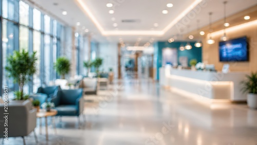 Blurred modern lobby reception area interior office hotel hospital medical clinic bright background architecture professional design furniture