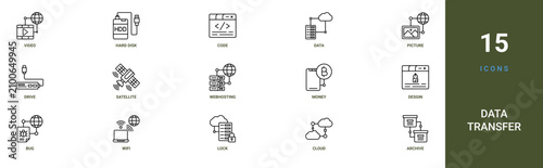 Set of 15 outline web Data Transfer icons such as archive, cloud, lock, wifi, bug, desgin, money vector icons for report, presentation, diagram, web design, mobile app