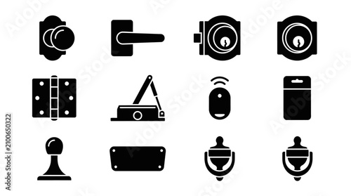 Black door hardware and security icon collection