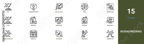 Foto Set of 15 outline web Bioengineering icons such as bioreactor, bioenergy, synthe