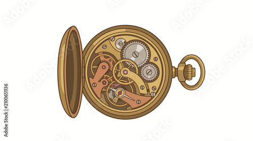Photos Pocket watch with an open casing reveals the complex brass movement and intricate springs of a classic timekeeping device
