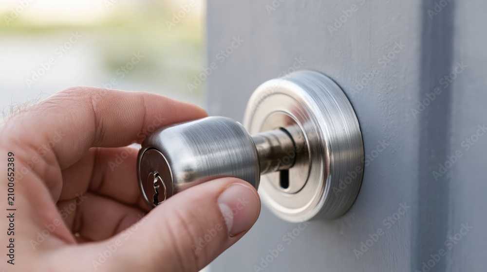 Fototapeta premium Hand turning metal doorknob to unlock a door, security and access concept