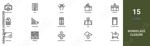 Fényképezés Set of 15 outline web Workplace Closure icons such as shopping cart, inclement w