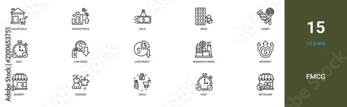 Set of 15 outline web Fmcg icons such as retailers, fast, fmcg, fashion, market, interest, manufacturing vector icons for report, presentation, diagram, web design, mobile app