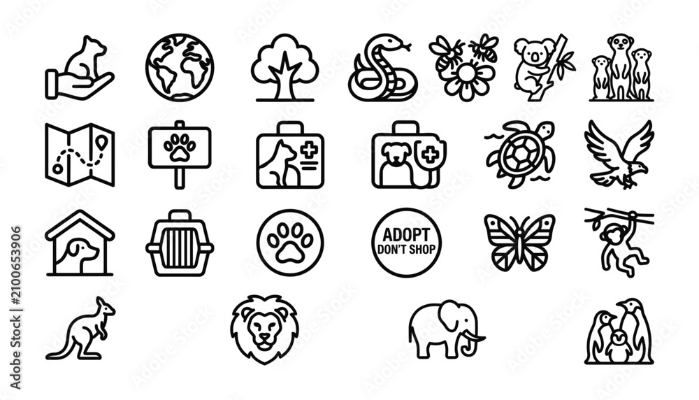 Fototapeta premium Ultimate Animal Welfare And Wildlife Conservation Vector Icon Collection For Conservation Projects