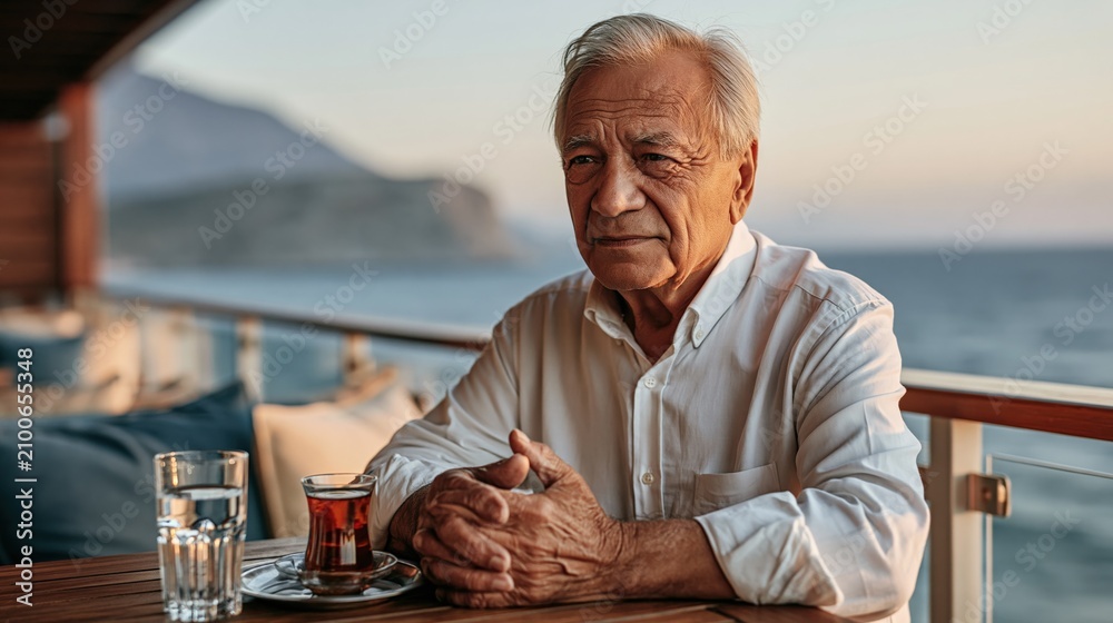 Obraz premium Elderly Man Enjoying a Quiet Moment with Tea and a Scenic Ocean View