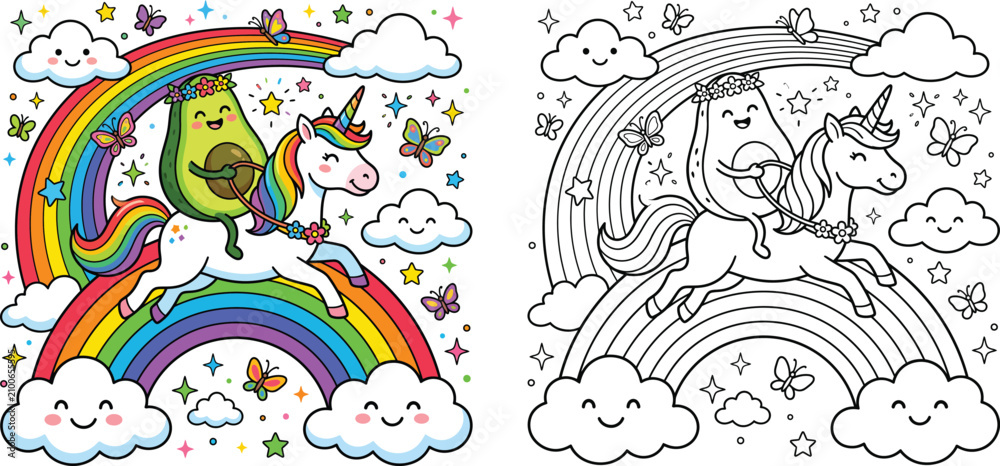Naklejka premium Cute Avocado Riding a Unicorn over a Rainbow Doodle Coloring Page Set
